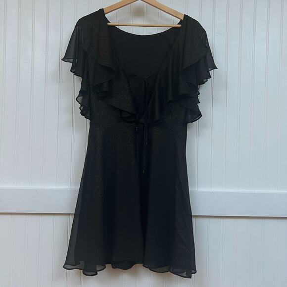 H Halston Black Gold Shimmer Ruffle Flutter Sleeve Dress Cocktail Party LBD 0 - Picture 3 of 14